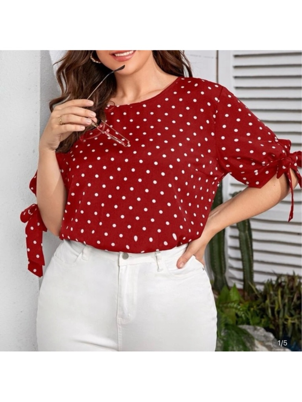 Women's Red Polka Dot Tie-Sleeve Blouse